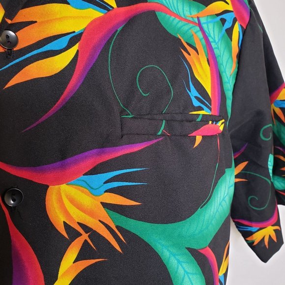 Vintage Hilo Hattie Men's Shirt L Black Bird of Paradise Floral Button Front - Picture 3 of 10